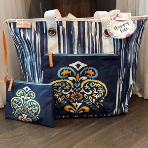 Happy Life Beach,Market,zip top,zip front pct.,toiletry case,vinyl lined,sturdy